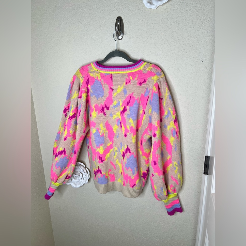 NTM Jodifl Abstract Print Sweater Neon Pink Taupe Balloon Sleeve Pullover Size L - Picture 15 of 16